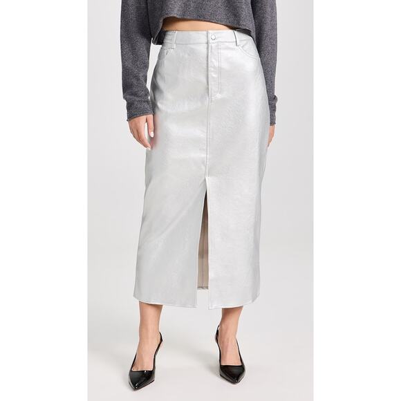 WAYF Silver Vegan Leather Midi Skirt | Metallic Faux Leather | Size XS - Picture 2 of 8